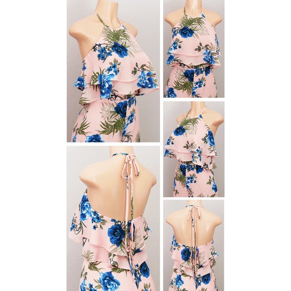 Pink Floral Flounce Ruffle Halter Tie Back Romper - Picture 3 of 8
